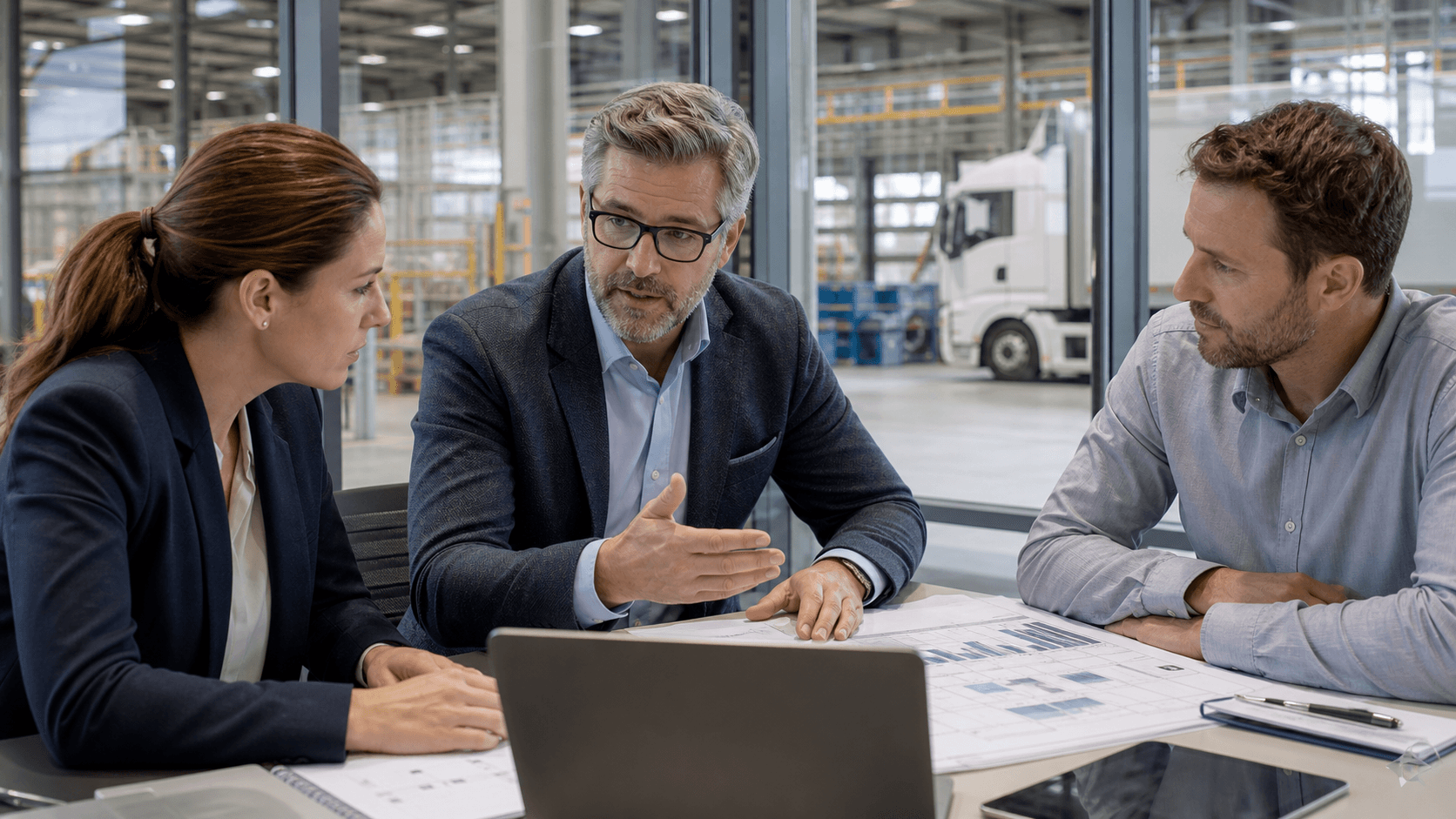 Supply chain executive leading an operations discussion beside an industrial facility