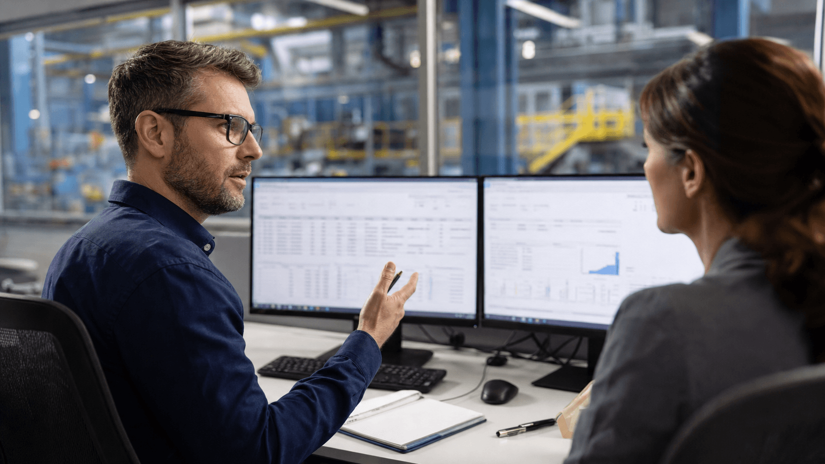 Supply chain systems analyst reviewing enterprise asset management data with a colleague